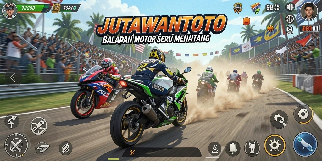 Screenshot JUTAWANTOTO menampilkan balapan motor dengan visual yang menakjubkan.