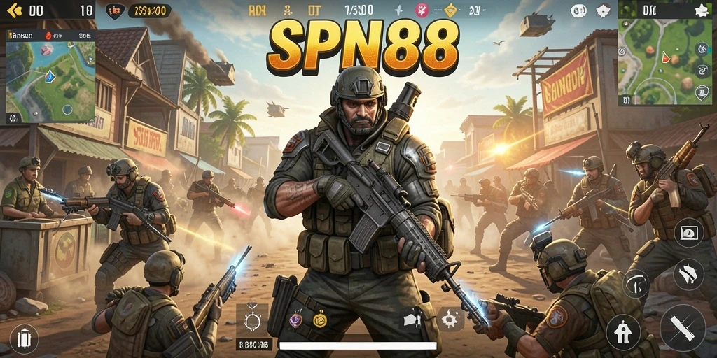 Tampilan gameplay SPN88 yang penuh aksi dalam pertempuran Battle Royale.